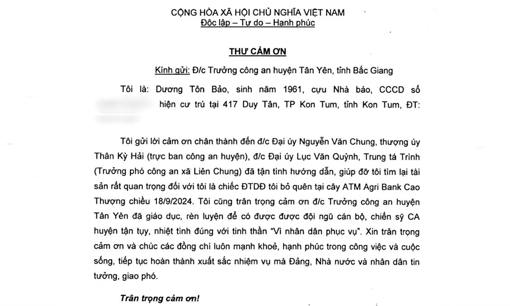 Công dân gửi thư cảm ơn Công an huyện Tân Yên